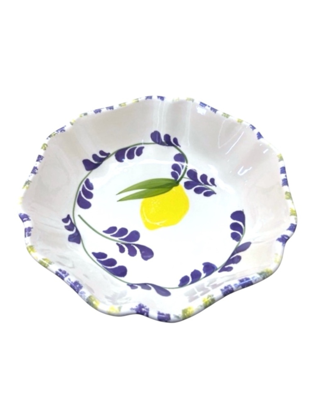 Hand Painted Lemon Ceramic Serving Bowl Italy 9.75” Purple Floral Centerpiece
